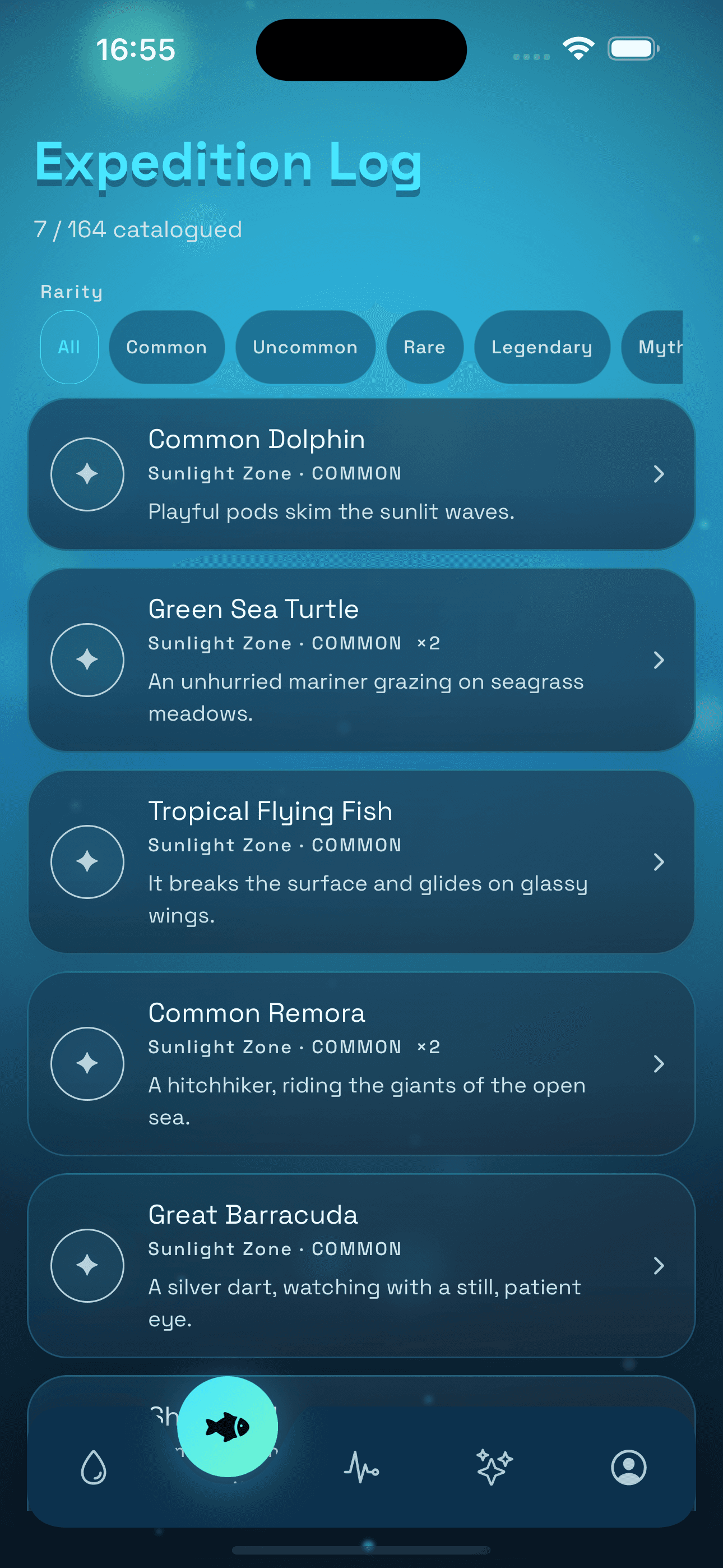 Deep Ocean Expedition Log showing discovered ocean creatures and rarity filters