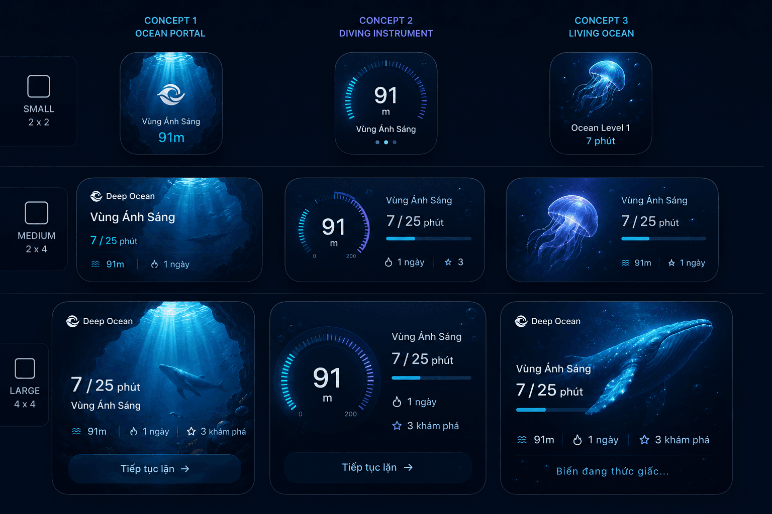 Deep Ocean widget concept sheet showing Ocean Portal, Diving Instrument, and Living Ocean layouts
